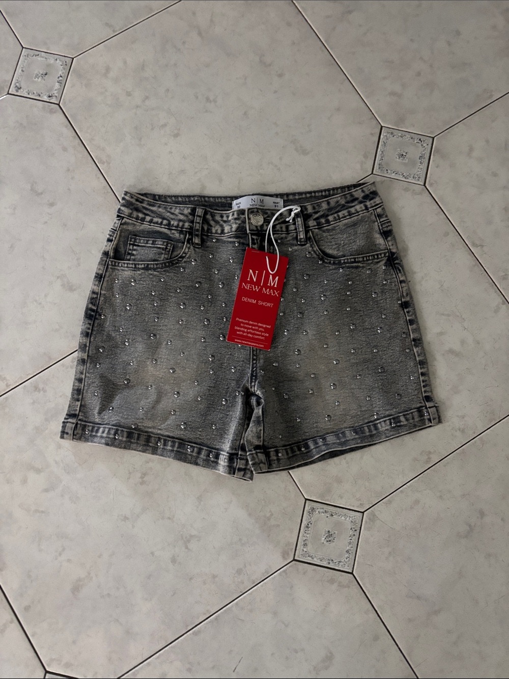 New Max Grey Studded Denim Shorts for Women